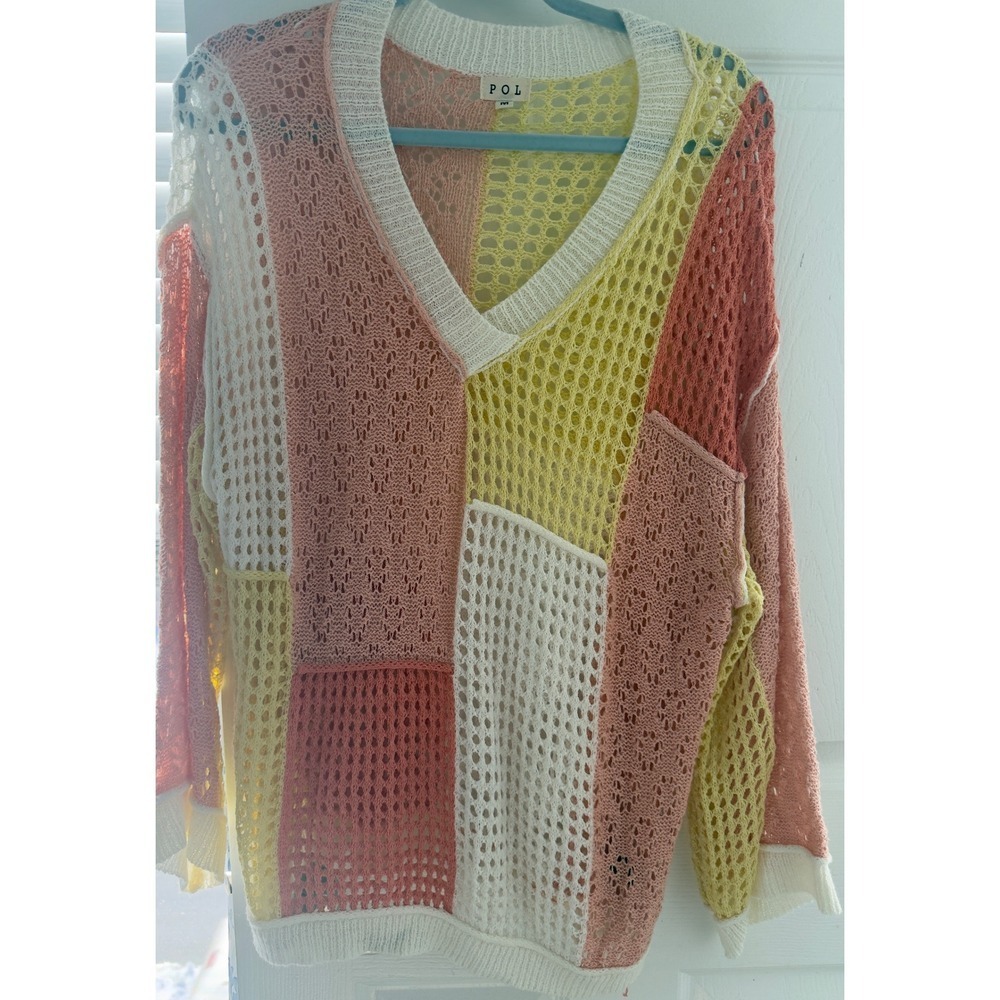 POL Clothing Women Colorblock Patchwork Crochet V-Neck Sweater Pink Yellow M - Picture 3 of 7